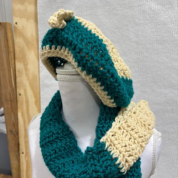 🌿 Handmade Crochet Hat & Scarf Set – Teal & Cream | Cozy Winter Gift - Picture 6 of 6